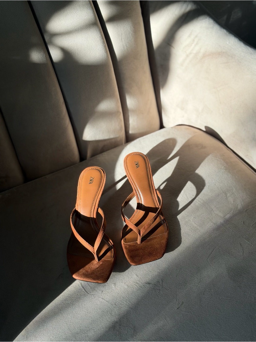 Zara Brown Suede Leather Heeled Thong Slip-On Square-Toe Strap Sandals